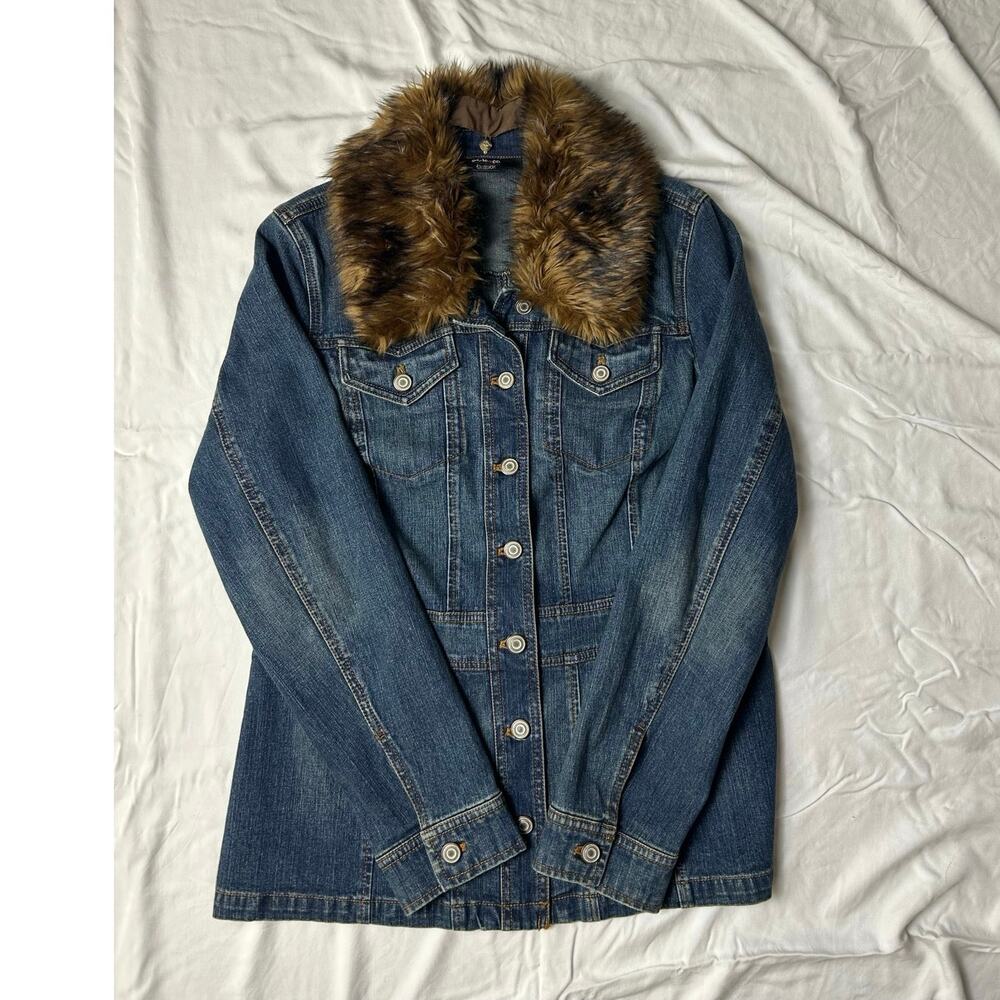Y2K Style & Co Long Denim Jacket Detachable Fur Trim Faux Shearling Coat Size M